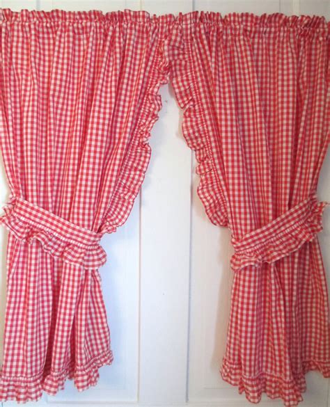 Red White Gingham Curtains 2 panels Valance and Ruffled Tie