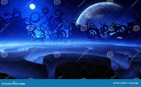 Strange Fantasy Landscape Night Stock Illustration - Illustration of ...