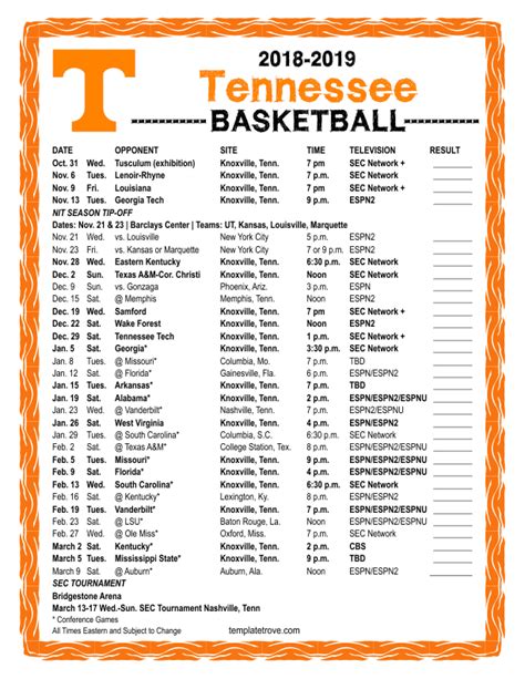 Printable 2018-2019 Tennessee Volunteers Basketball Schedule