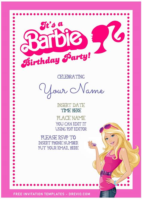 Free Editable PDF – Cute Cartoon Barbie Girl Birthday Invitation ...