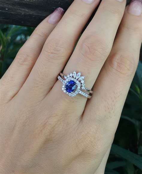 Blue Sapphire Halo Engagement Ring Set- Genuine Oval Sapphire Bridal ...