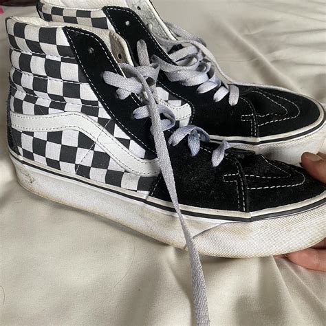 checkerboard high top vans - size 5.5 🤍🖤 worn but... - Depop