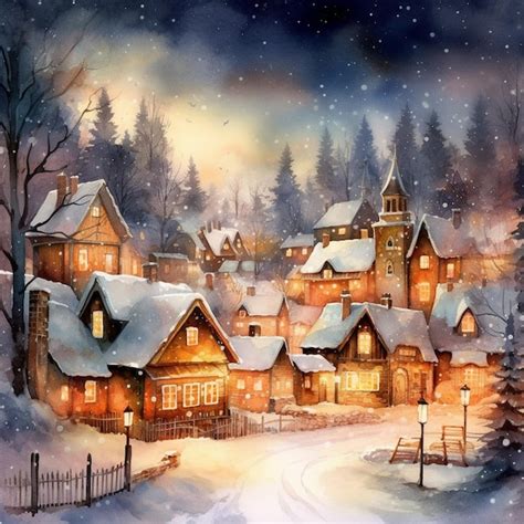 Premium Photo | Painting of a winter village with a snowy road and a ...