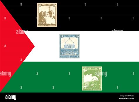 Three British Mandate Palestine stamp on Palestinian flag background ...