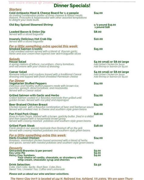 Online Menu of The Henry Clay Inn¨ Restaurant Restaurant, Ashland ...