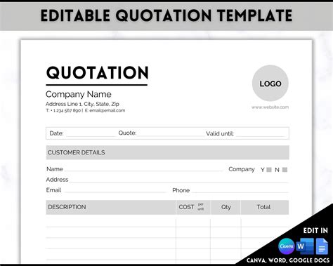 Quotation Template EDITABLE Quote Form Small Business - Etsy UK