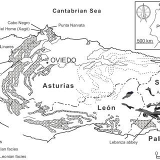 Geological map of the Cantabrian Mountains with the distribution of the ...