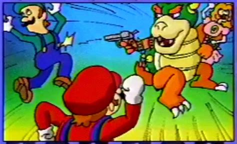 Supper Mario Broth - Artwork of Bowser shooting Luigi with a gun,...