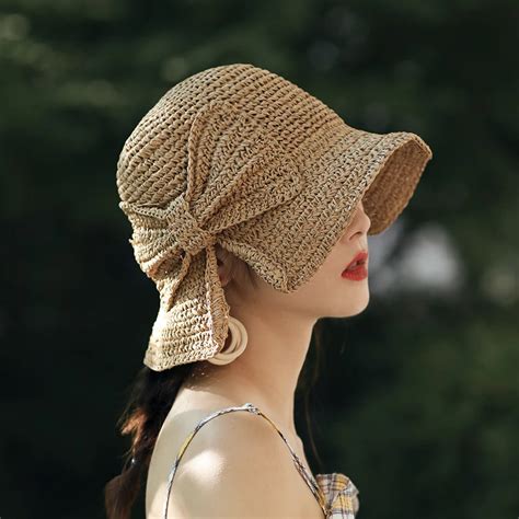 Handmade Weave 100%Raffia Bow Sun Hat Wide Brim Floppy Summer Hats For ...