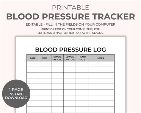 Blood Pressure Chart Printable Instant Download, Medical Tracker ...