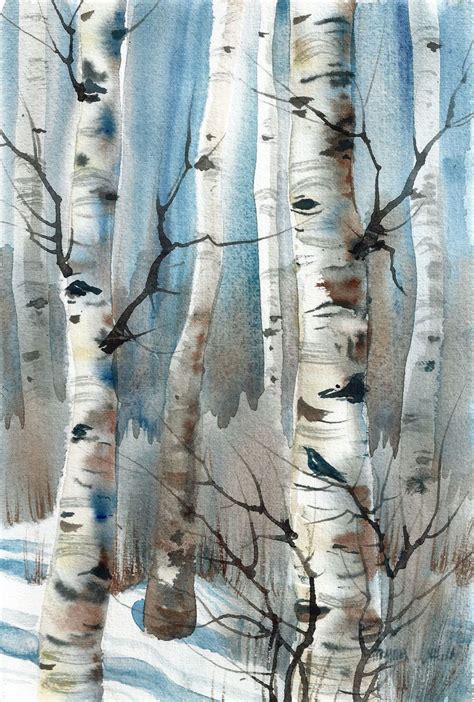 New Daily painting Crow in Winter Aspen Trees lovely 9 X 6 inch ...