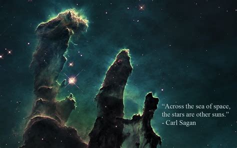 Green sky with text overlay, nebula, Pillars of Creation, Carl Sagan ...