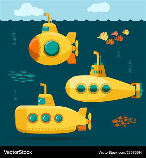 Yellow submarine undersea with fishes cartoon Vector Image