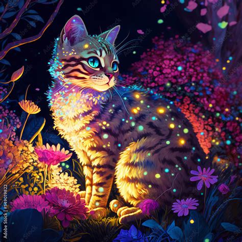 Fantasy cat in glowing flower Stock Illustration | Adobe Stock