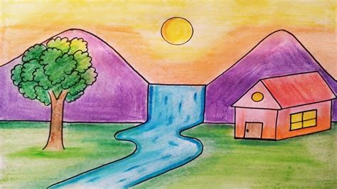 Easy landscape drawing for kids and beginners|Learn house and nature ...