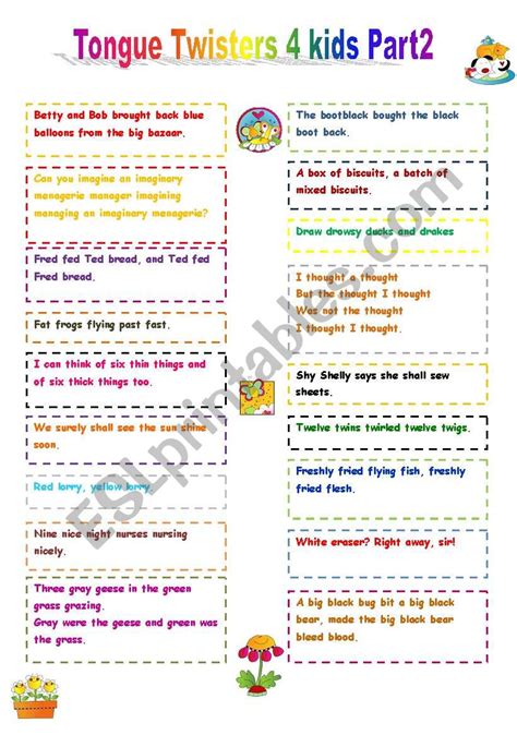 Tongue Twisters for kids - Part 2 - ESL worksheet by Amaras