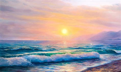 Sunrise Over Sea. Painting Seascape. Stock Illustration - Illustration ...