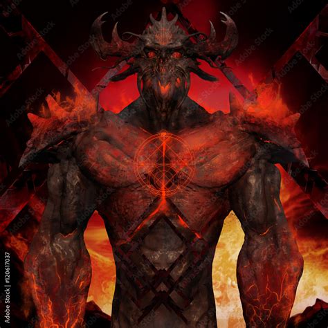 3D illustration of a devil torso art. Artwork of a muscle built hell ...