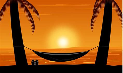 Silhouette of palm tree and hammock on beach under sunset sky ...