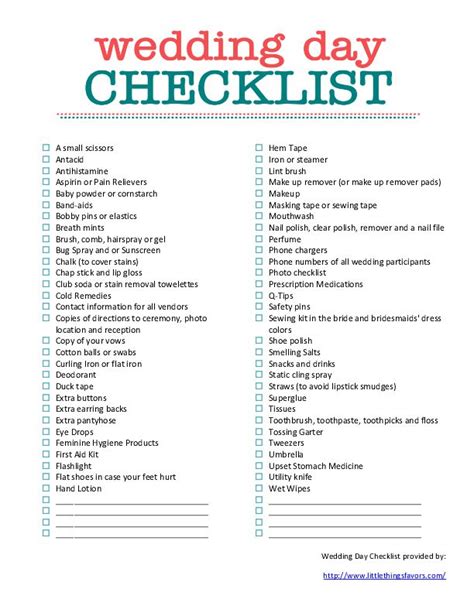 Wedding Day Emergency Kit Checklist - Printable | Wedding day checklist ...