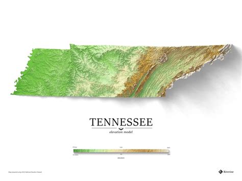 Tennessee Elevation Map with Exaggerated Shaded Relief : Tennessee