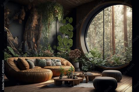 Modern forest cabin interior full of exotic house plants and succulents ...