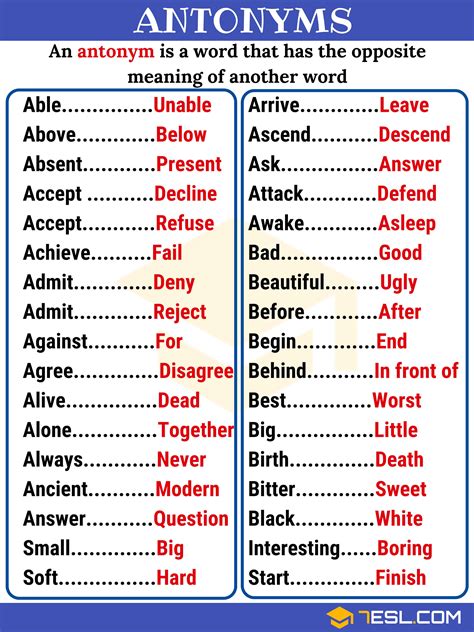 Antonyms Examples