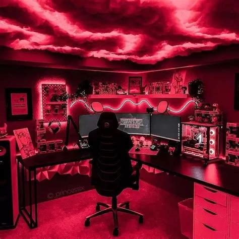 Red pc setup aesthetic | Game room design, Game room decor, Small game ...