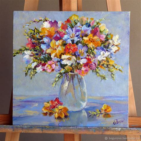 Oil painting wild flowers a Bouquet of freesias,a bouquet of flowers in ...