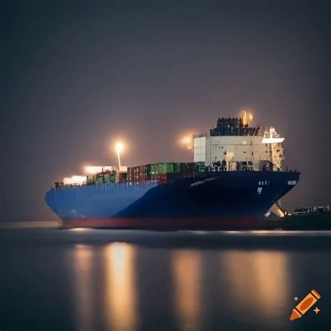 Container ship on a river at night