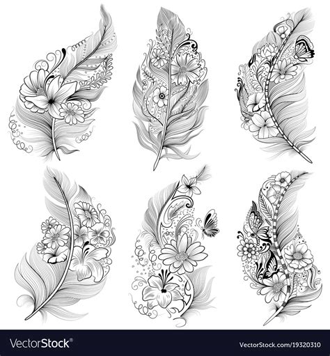 Tattoo art design of floral feather collection Vector Image