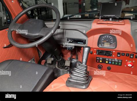 Novosibirsk, Russia - 02.26.2020: Red interior of used UAZ VAN 452 469 ...