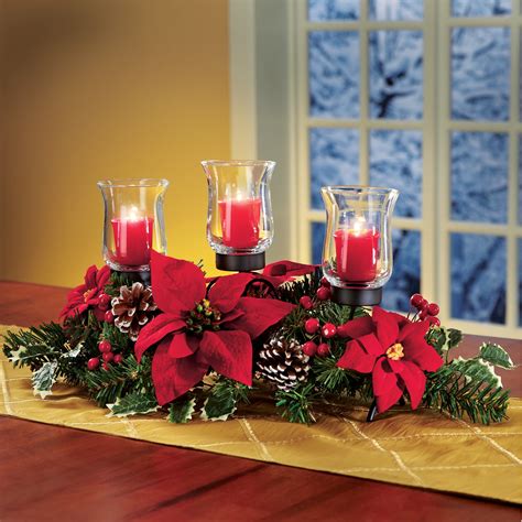 Christmas Poinsettia Candle Holder Centerpiece With Pinecones, Red ...