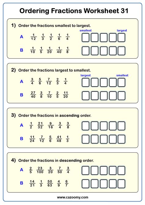 Ordering Fractions Worksheets - Practice Questions and Answers | Cazoomy