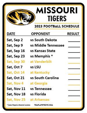 Printable 2023 Missouri Tigers Football Schedule