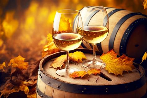 Premium Photo | Autumn harvest glasses of white wine on oak wine barrel