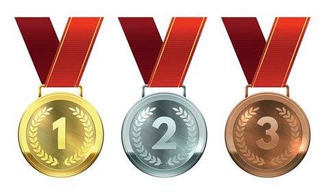 Gold, silver and bronze medals. First, second and third place awards ...