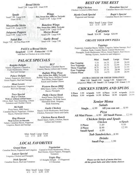 Menu at Pizza Palace pizzeria, Myrtle Creek