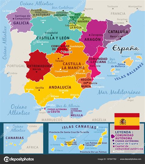 Carte Colorée L'espagne Avec Les Noms Espagnols Des Provinces Des ...