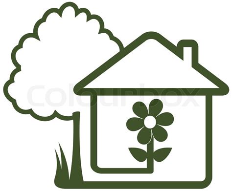 Isolated sign with landscaping symbol - tree, house, flower and home ...