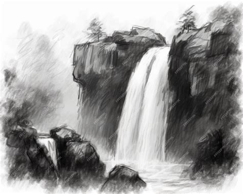 Premium AI Image | A black and white drawing of a waterfall with the ...