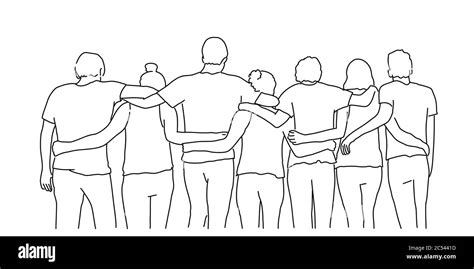 Line drawing of group of happy friends hugging. Tourism, travel, people ...