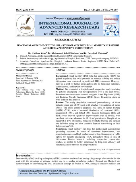 FUNCTIONAL OUTCOME OF TOTAL HIP ARTHROPLASTY WITH DUAL MOBILITY CUPS IN ...