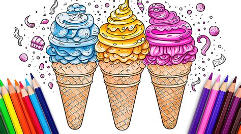 Three Frozen Ice Cream Cones With Colored Pencils Background, Coloring ...