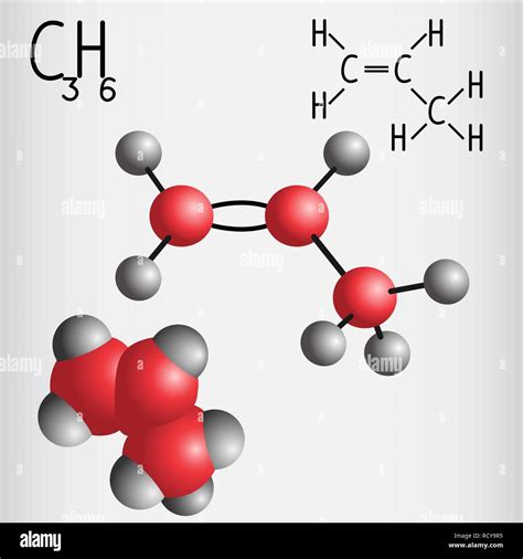 Chemical formula and molecule model of Propylene C3H6 . Vector ...