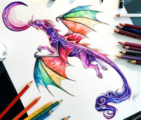 Rainbow dragon color drawing by Katy Lipscomb Art | No. 1361