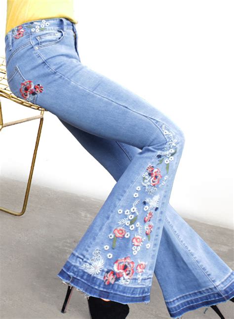 Blue Slim Embroidered Faded Flared Jeans - STYLESIMO.com