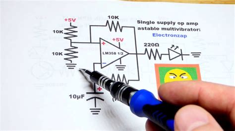 Single supply op amp LM358 astable multivibrator circuit with flashing ...