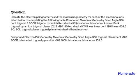 SOLVED: Text: Indicate the electron pair geometry and the molecular ...