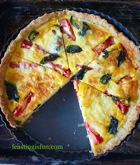 Cheddar Tomato Basil Quiche - Feasting Is Fun